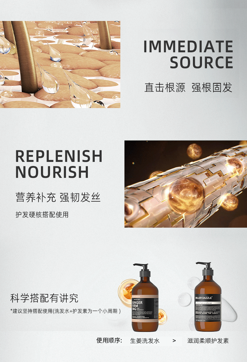 直擊根源強(qiáng)根固發(fā)   REPLENISH NOURISH   營養(yǎng)補(bǔ)充 強(qiáng)韌發(fā)絲   護(hù)發(fā)硬核搭配使用   科學(xué)搭配有講究   *建議堅(jiān)持搭配使用（洗發(fā)水+護(hù)發(fā)素為一個(gè)小周期）