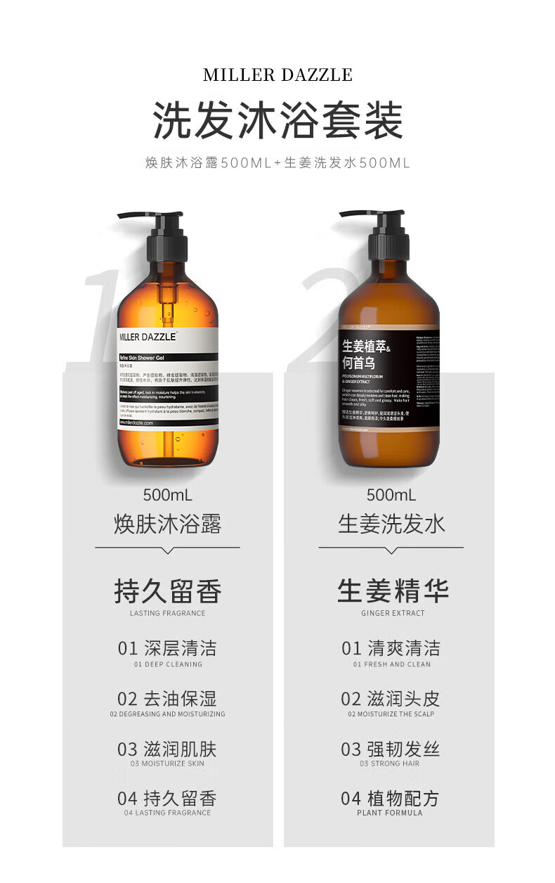 MILLERDAZZLE洗發(fā)沐浴套裝包括煥膚沐浴露500ML和生姜洗發(fā)水500ML，采用生姜植萃和何首烏成分。產(chǎn)品具有持久留香的生姜精華，深層清潔和去油保濕功效，讓肌膚保持滋潤，同時(shí)清爽清潔頭皮，滋潤頭皮，強(qiáng)韌發(fā)絲。整個(gè)套裝體現(xiàn)了MLLERDAZZLE品牌對健康和自然美的追求。